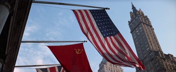 Movie still from “The Way We Were” (1973), directed by Sydney Pollack – View of the american and soviet flags; Extreme Wide shot, Low angle
