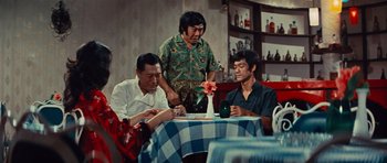 Movie still from “The Way of the Dragon” (1972), directed by Bruce Lee – A group of people sitting at a table with food; Medium shot, High angle