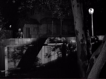 Movie still from “The Wild One” (1953), directed by Laslo Benedek – A person standing in front of a fence at night; Extreme Wide shot, Low angle