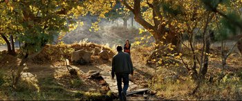 Movie still from “The Wild Pear Tree” (2018), directed by Nuri Bilge Ceylan – A man and a woman are walking on a path in the woods; Extreme Wide shot, High angle