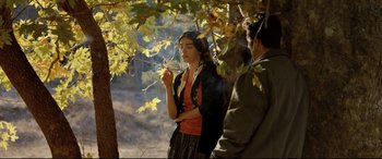 Movie still from “The Wild Pear Tree” (2018), directed by Nuri Bilge Ceylan – A woman standing next to a man under a tree; Medium shot, Over the shoulder angle