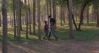 Movie still from “The Wind Will Carry Us” (1999), directed by Abbas Kiarostami – A man and a boy are walking through the woods; Wide shot, Over the shoulder angle