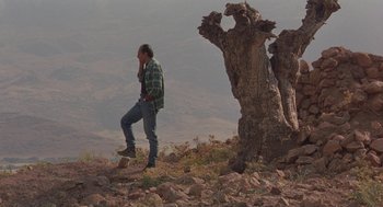 Movie still from “The Wind Will Carry Us” (1999), directed by Abbas Kiarostami – A man standing next to a tree on top of a hill; Wide shot, Low angle
