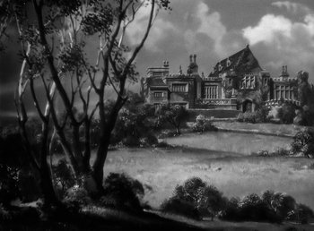 Movie still from “The Wolf Man” (1941), directed by George Waggner – A painting of an old mansion in the middle of a field; Extreme Wide shot, Low angle