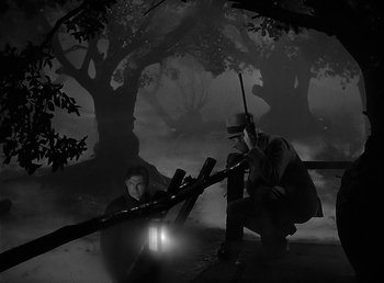 Movie still from “The Wolf Man” (1941), directed by George Waggner – A man and a woman in the dark with trees in the background; Wide shot, High angle