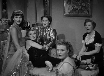 Movie still from “The Women” (1939), directed by George Cukor – A black and white photo of a group of women; Medium shot, High angle
