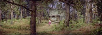 Movie still from “The Wonderful World of the Brothers Grimm” (1962), directed by Henry Levin – A painting of a woman in a pink dress in front of a hut; Extreme Wide shot, High angle