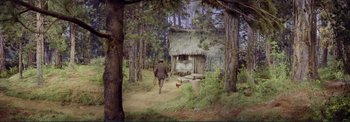 Movie still from “The Wonderful World of the Brothers Grimm” (1962), directed by Henry Levin – A man walking down a dirt road near a hut; Extreme Wide shot, High angle