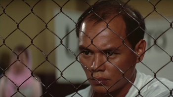 Movie still from “The Year of Living Dangerously” (1982), directed by Peter Weir – A man is looking through a chain link fence; Close Up shot, Low angle