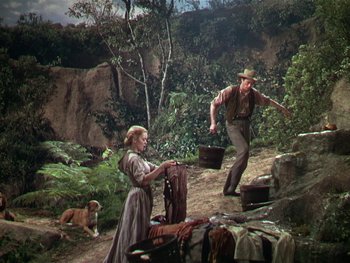 Movie still from “The Yearling” (1946), directed by Clarence Brown – A man and a woman in the woods with a dog; Wide shot, Low angle