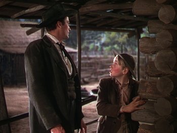 Movie still from “The Yearling” (1946), directed by Clarence Brown – A man and a boy talking in front of a log cabin; Medium shot, Low angle