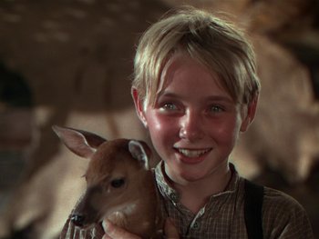 Movie still from “The Yearling” (1946), directed by Clarence Brown – A young boy holding a baby deer in his arms; Close Up shot, Over the shoulder angle