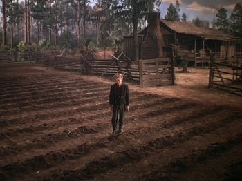 Movie still from “The Yearling” (1946), directed by Clarence Brown – A man standing in a field with a house in the background; Wide shot, High angle