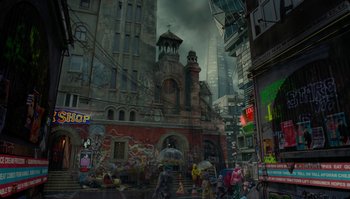 Movie still from “The Zero Theorem” (2013), directed by Terry Gilliam – A large building with a lot of graffiti on it's walls; Extreme Wide shot, Low angle