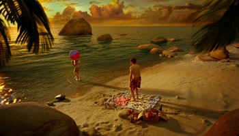 Movie still from “The Zero Theorem” (2013), directed by Terry Gilliam – Two people on the beach at sunset; Extreme Wide shot, High angle