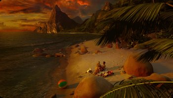 Movie still from “The Zero Theorem” (2013), directed by Terry Gilliam – A group of people sitting on top of a sandy beach; Extreme Wide shot, High angle