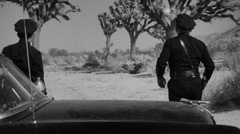 Movie still from “Them!” (1954), directed by Gordon Douglas – A man standing on the side of the road in the desert; Wide shot, Low angle
