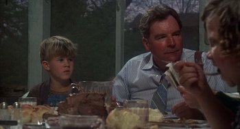 Movie still from “Thieves Like Us” (1974), directed by Robert Altman – A man and a boy sitting at a dinner table; Medium shot, Over the shoulder angle