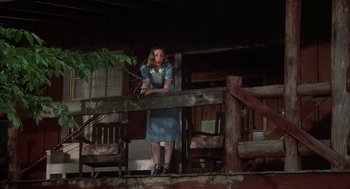 Movie still from “Thieves Like Us” (1974), directed by Robert Altman – A woman standing on a porch holding a camera; Wide shot, Low angle