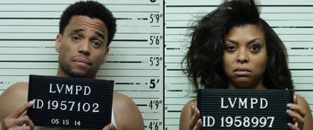 Movie still from “Think Like a Man Too” (2014), directed by Tim Story – A man and a woman are standing in front of a police line - up; Medium shot, Overhead angle