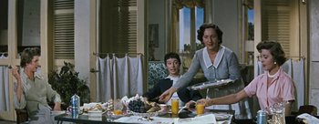 Movie still from “Three Coins in the Fountain” (1954), directed by Jean Negulesco – Two women and a boy sitting at a table with food; Medium shot, High angle