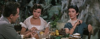 Movie still from “Three Coins in the Fountain” (1954), directed by Jean Negulesco – A woman sitting at a table with a man; Close Up shot, Over the shoulder angle