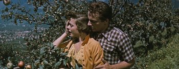 Movie still from “Three Coins in the Fountain” (1954), directed by Jean Negulesco – A man and a woman standing next to each other in an apple orchard; Medium shot, Low angle