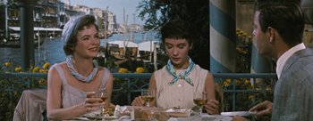 Movie still from “Three Coins in the Fountain” (1954), directed by Jean Negulesco – Two women sitting at a table with wine glasses; Medium shot, Over the shoulder angle