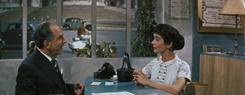 Movie still from “Three Coins in the Fountain” (1954), directed by Jean Negulesco – A woman sitting at a table in front of a window; Medium shot, Over the shoulder angle