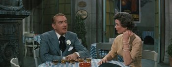 Movie still from “Three Coins in the Fountain” (1954), directed by Jean Negulesco – An older man sitting at a table talking to a young woman; Medium shot, Over the shoulder angle
