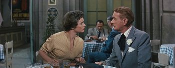 Movie still from “Three Coins in the Fountain” (1954), directed by Jean Negulesco – A woman sitting at a table talking to a man; Medium shot, Over the shoulder angle