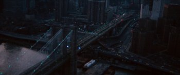 Movie still from “Three Days of the Condor” (1975), directed by Sydney Pollack – An aerial view of a bridge with lights on it; Extreme Wide shot, High angle