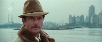 Movie still from “Three Days of the Condor” (1975), directed by Sydney Pollack – A person wearing a hat near a body of water; Close Up shot, Over the shoulder angle