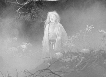 Movie still from “Throne of Blood” (1957), directed by Akira Kurosawa – An image of an old man in the fog; Wide shot, High angle