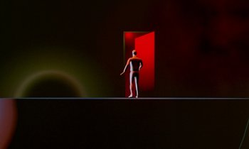 Movie still from “Through the Olive Trees” (1994), directed by Abbas Kiarostami – A man standing in front of a red door; Extreme Wide shot, Low angle