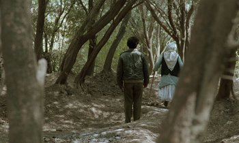 Movie still from “Through the Olive Trees” (1994), directed by Abbas Kiarostami – A man and a woman walking through the woods; Wide shot, Over the shoulder angle