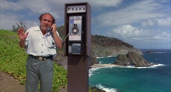 Movie still from “Throw Momma from the Train” (1987), directed by Danny DeVito – A man talking on a phone next to the ocean; Wide shot, High angle