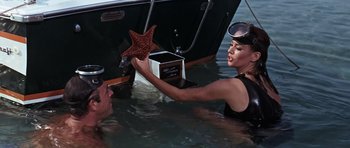 Movie still from “Thunderball” (1965), directed by Terence Young – A man and woman in the water holding a star fish; Medium shot, High angle