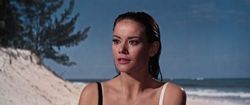 Movie still from “Thunderball” (1965), directed by Terence Young – A beautiful woman with wet hair standing on the beach; Close Up shot, Over the shoulder angle
