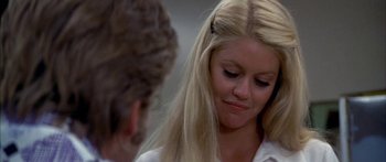 Movie still from “Thunderbolt and Lightfoot” (1974), directed by Michael Cimino – A woman with long blonde hair is looking at another woman; Close Up shot, Over the shoulder angle