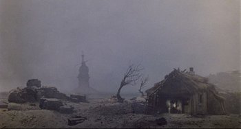 Movie still from “Time Bandits” (1981), directed by Terry Gilliam – An old house in the middle of a foggy field; Extreme Wide shot, Low angle