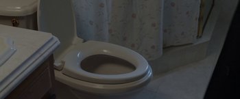 Movie still from “To Dust” (2018), directed by Shawn Snyder – A white toilet sitting in a bathroom next to a shower; Extreme Close Up shot, High angle
