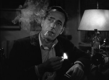 Movie still from “To Have and Have Not” (1944), directed by Howard Hawks – A black and white photo of a man lighting a cigarette; Close Up shot, Low angle