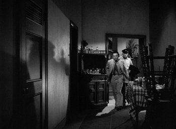 Movie still from “To Have and Have Not” (1944), directed by Howard Hawks – A man and a woman are walking in a room; Wide shot, Over the shoulder angle