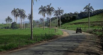 Movie still from “Topaz” (1969), directed by Alfred Hitchcock – A car driving down a road near some palm trees; Extreme Wide shot, High angle