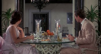 Movie still from “Topaz” (1969), directed by Alfred Hitchcock – A man and a woman sitting at a glass table; Medium shot, Over the shoulder angle