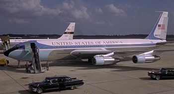 Movie still from “Topaz” (1969), directed by Alfred Hitchcock – A large air plane on a run way; Wide shot, Low angle