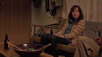Movie still from “Touchy Feely” (2013), directed by Lynn Shelton – A woman sitting on a chair holding a beer; Medium shot, Over the shoulder angle