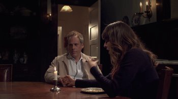 Movie still from “Touchy Feely” (2013), directed by Lynn Shelton – A man and a woman sitting at a dinner table; Medium shot, Over the shoulder angle