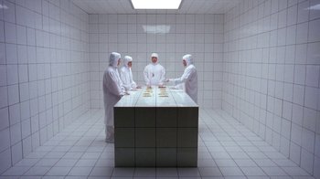 Movie still from “Toys” (1992), directed by Barry Levinson – A group of men in white suits standing around a table; Wide shot, Overhead angle